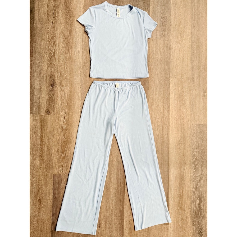 Auden Baby Blue Pointelle Pajama Set Top S /Bottom XS Wide Leg Scallop Trim - Picture 10 of 10